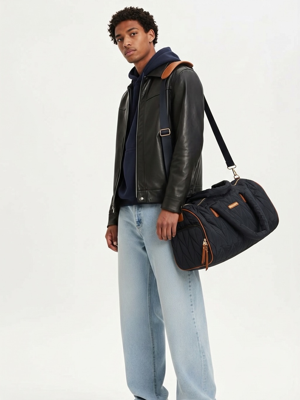 Joan & David Quilted Duffle Gym Navy Bag with Brown leather Details